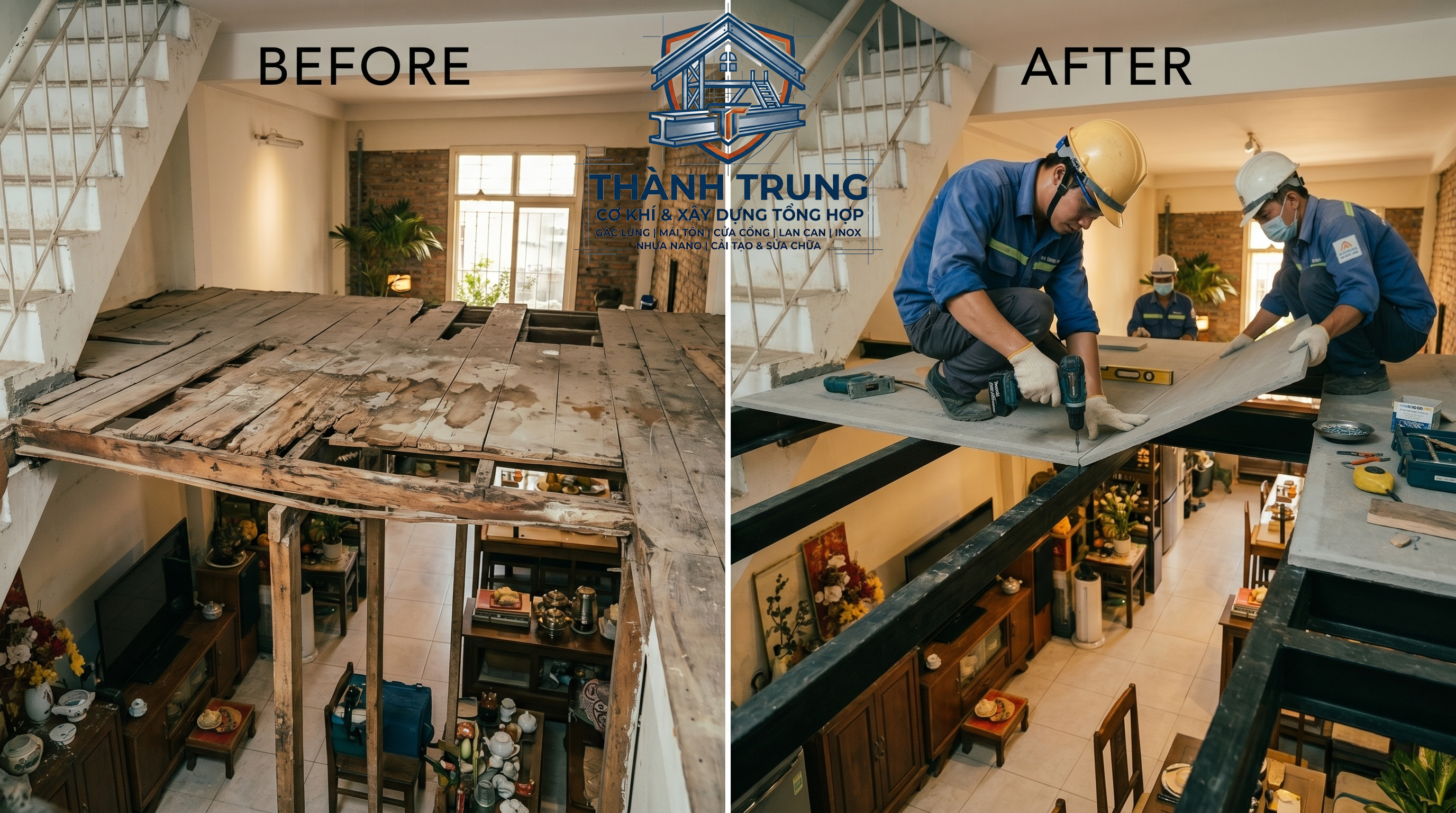 Thi công nhanh, chống rung lắc, thay mới sàn gác bằng sắt, Cemboard, Duraflex